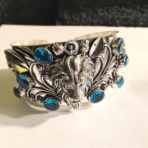 Lion Head Blue Topaz 925 Sterling Silver Cuff Bracelet